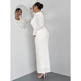 thumbnail image 6 of Plus Size Women's White Romantic Elegant Lace Jacquard Long Sleeve Cinched Waist Fishtail Hem Long Dress, 6 of 9