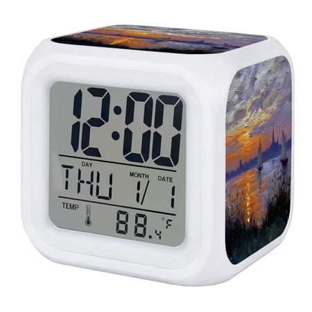 Nautical Sailing Boats Digital Alarm Clock for Bedrooms,Smart LED Alarm Clock with 7 Color Changing Night Light,Country Coastal Ship Sky House Silent Wake Up Clocks for Sleep Study Cooking 3.2x3.2