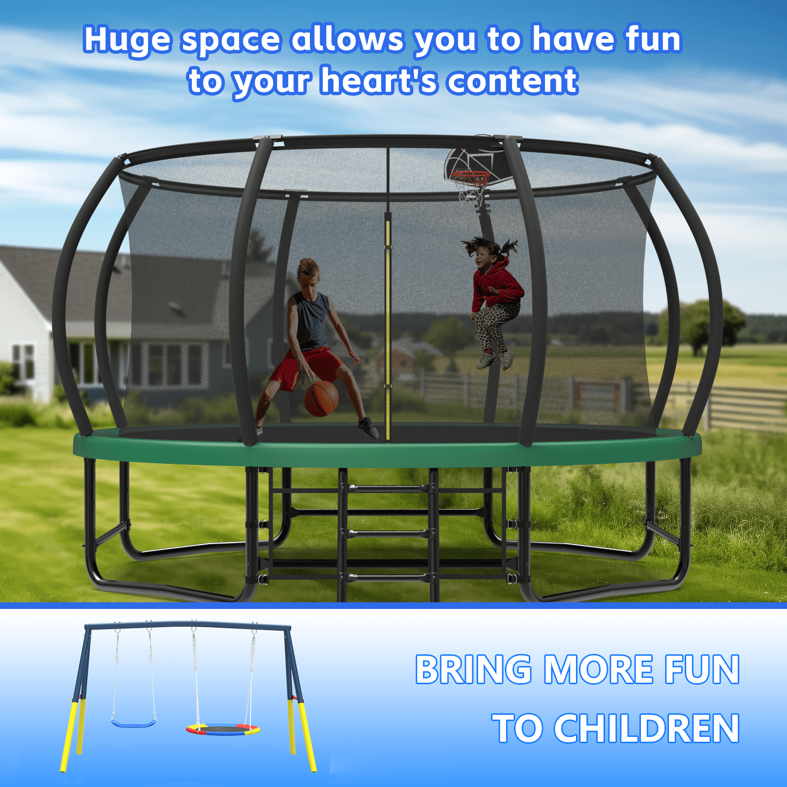 Mersco 14FT Heavy Duty Trampoline with Enclosure Net , Swing Set Outdoor Big Trampoline for Backyard, Kids Trampoline with Basketball Hoop,  Kids Birthday and Festival Gifts,Green