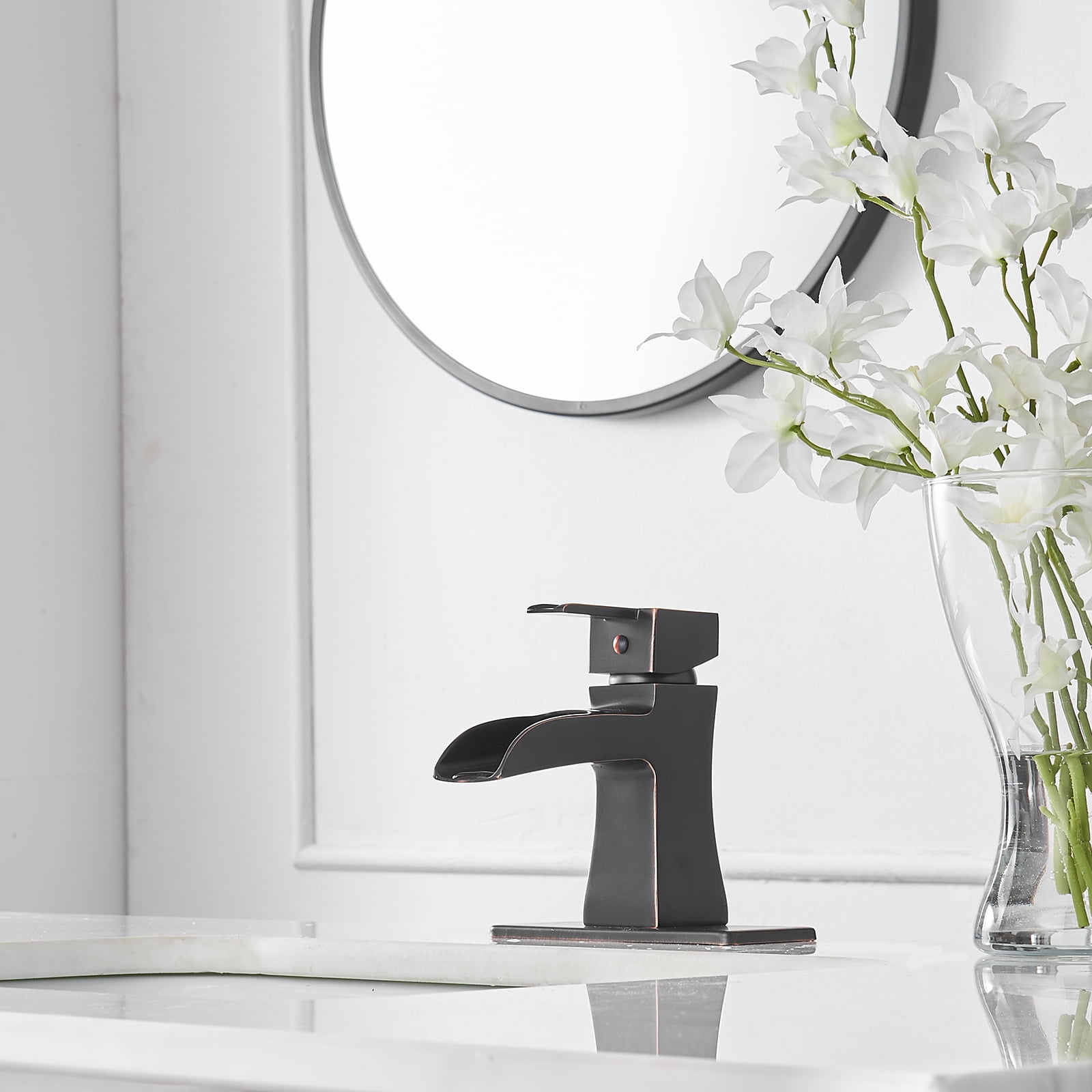 BWE Oil Rubbed Bronze Bathroom Faucet with Pop Up Drain Stopper Overflow Assembly and Supply Hose Bath Waterfall Single Hole Handle Farmhouse Bathroom Sink Faucet Lavatory Mixer Tap