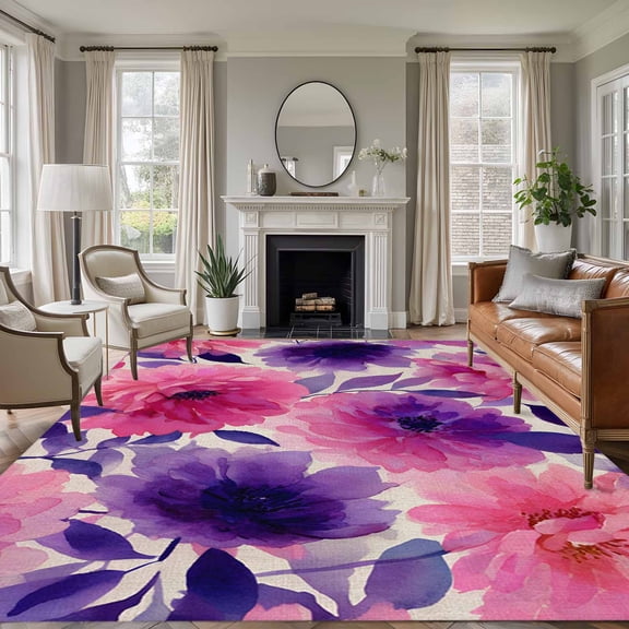 Large Area Rugs for Living Room Bedroom, Watercolor Floral 6'x9' Rug Washable Carpet Runner Indoor Outdoor, Spring Flowers Botanical Retro Beige Non Slip Floor Mats Rug for Kitchen, Playroom