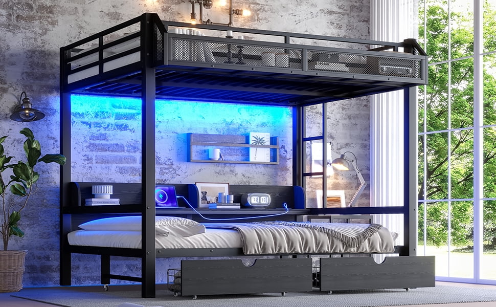 Mintazer Queen Over Queen Metal Bunk Bed with &nbsp;LED Light Strip & USB Ports, Multifunctional Metal Bunk Beds with 3 Shelves & 2 Drawers and Convertible Lower Bed for Bedroom Dorm, Black