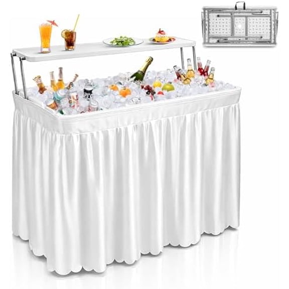 4ft Portable Ice Cooler Folding Table, Dual-Level Design, Built-in Drain, Detachable Skirt, Perfect for Outdoor Parties, Camping, Picnics, Pools, White$$Garden & Patio