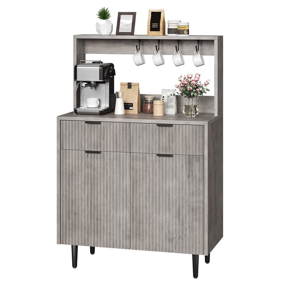 Modern Fluted Sideboard Buffet Cabinet, Wood Console Table with 2 Drawers, Adjustable Shelves, Coffee Bar Storage for Kitchen Dining Room Entryway - Grey