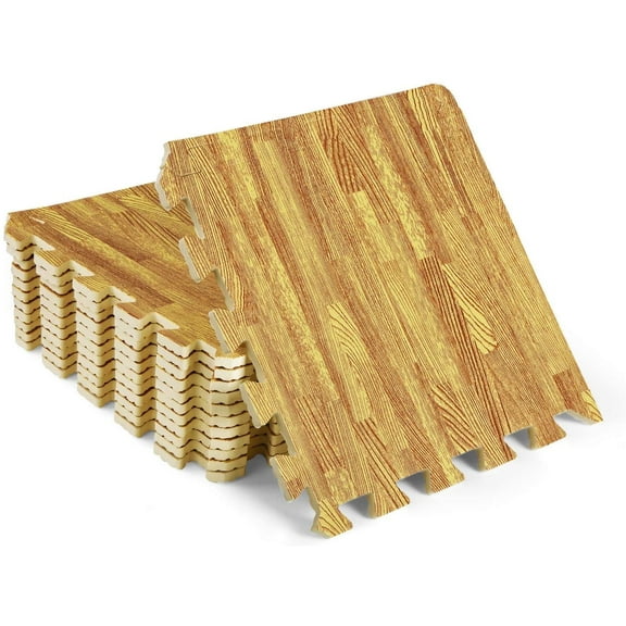 Yes4All 12 pcs Interlocking Exercise Foam Mats, Cover 12 Sqft, 7/16" Thick - Oak Wood Color