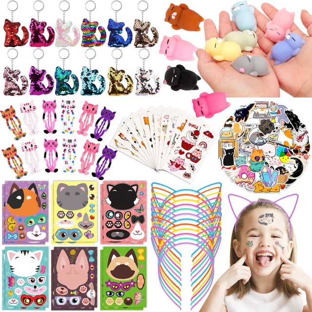 Set de obsequios para fiestas de cumpleaños con temática de gatos, 122 piezas, para niños