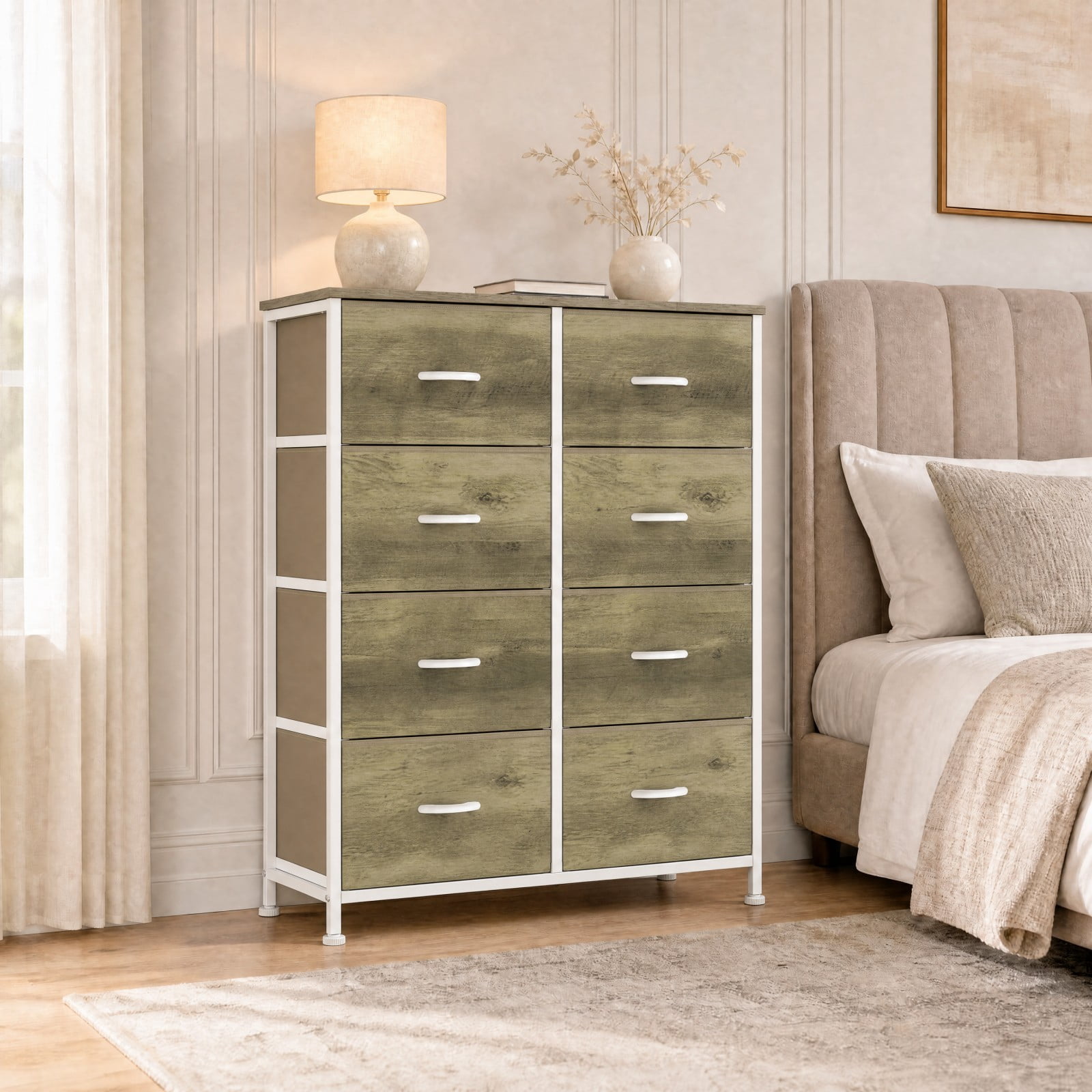 Telyra 8-Drawer Fabric Dresser Tall Storage Tower with Wood Top and Steel Frame Bedroom Closet Organizer, Oak Greige