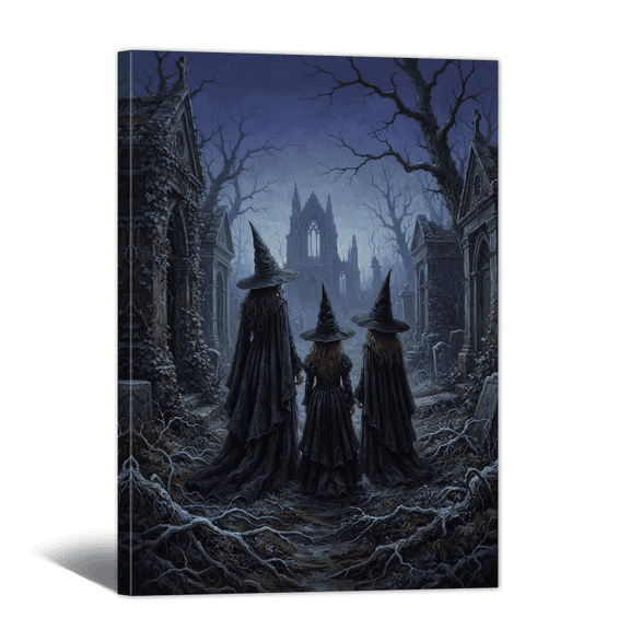 Spooky Canvas Wall Art - Gothic Wandering Witches in Dark Forest Prints Shadowed Retro Fantasy Oil Painting, Moody Halloween Gift for Living Room Bedroom Home Decor