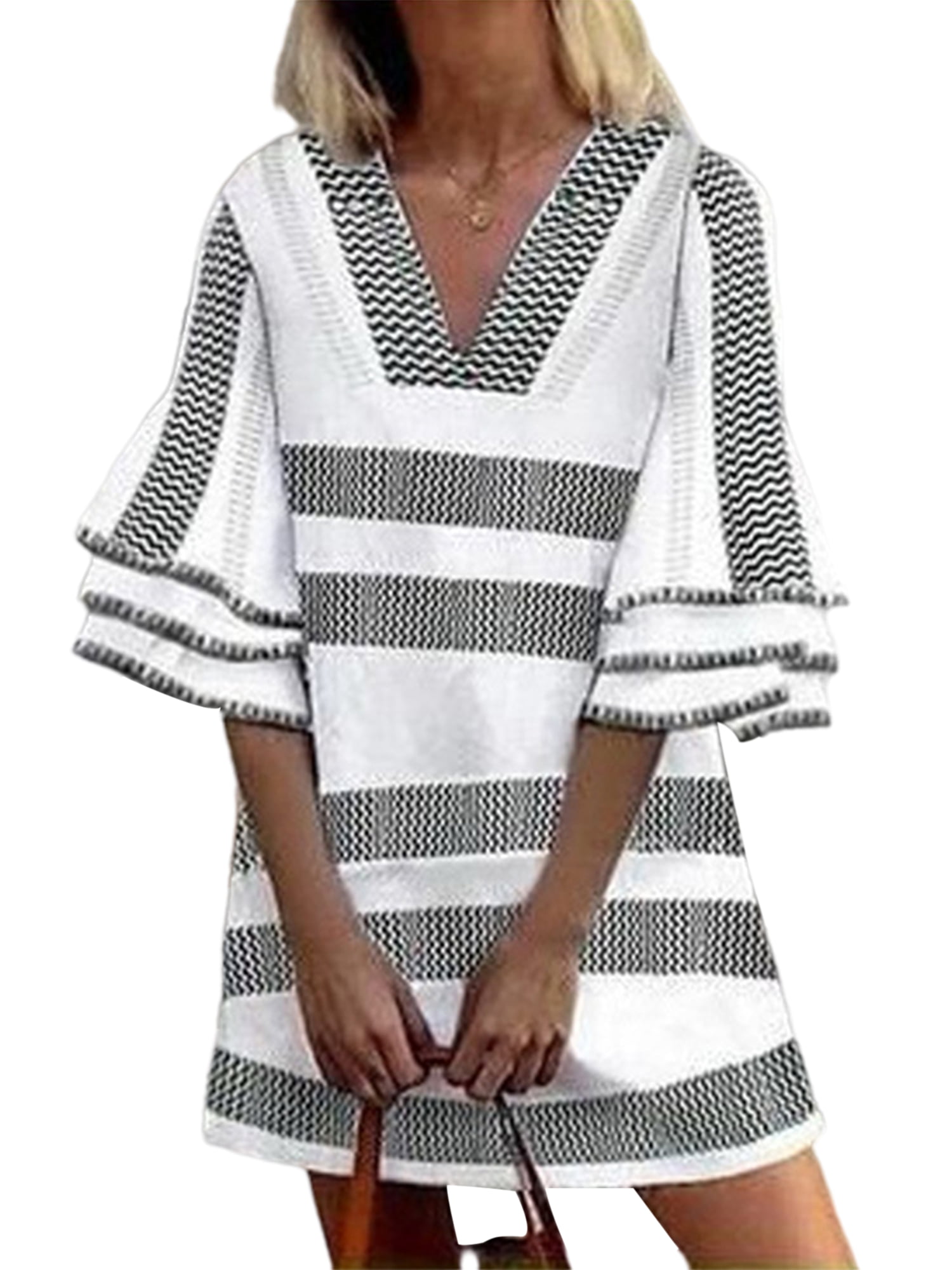 Women Boho Striped Dress Fashion Ladies Summer Loose Casual Vintage Ethnic V Neck Style Full Sleeve Pleated Stand Beach Ruffle Dress