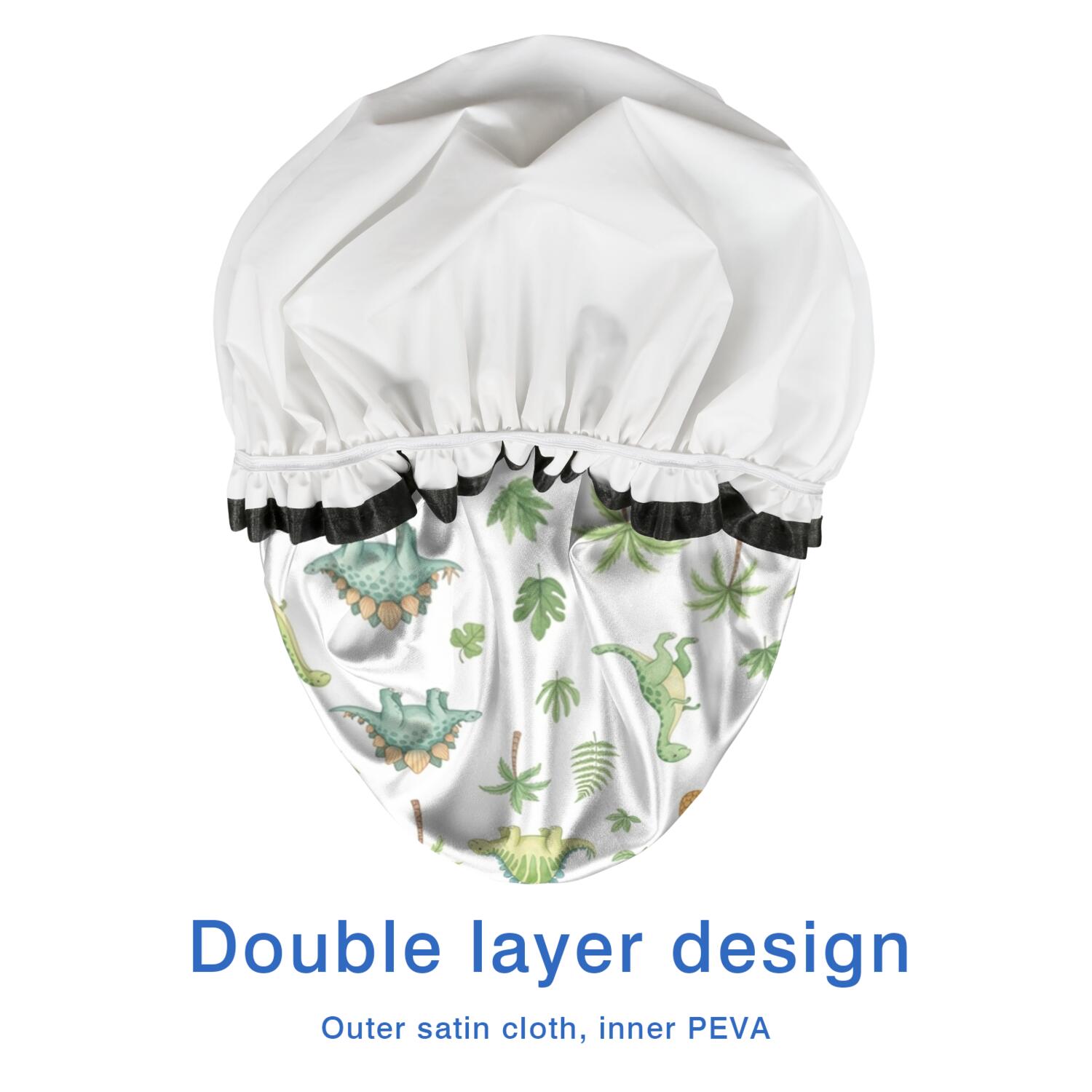 Shower Caps,White Dinosaurs Palms Pineapples Pattern Waterproof Shower Cap for Women 4 Pieces,Double Reusable Hair Cover for Shower PEVA Elastic Stretch Hem