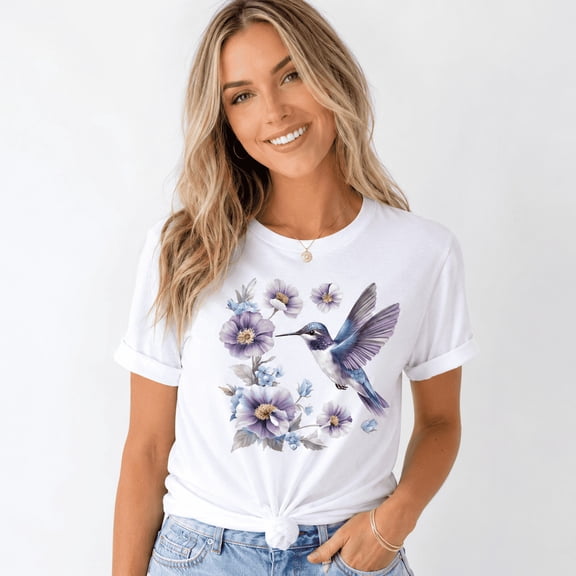 Hummingbird Floral Graphic Women’s T-Shirt Purple Flower Bird Nature Casual Tee