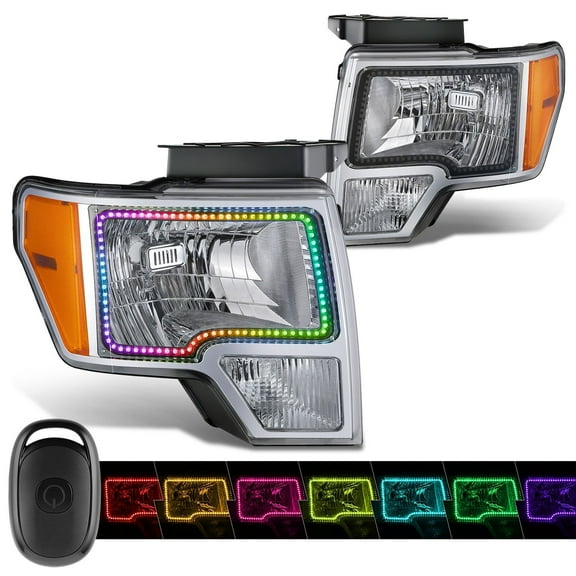 DNA Motoring RGB LED Halo Ring DRL Headlights for 09-14 Ford F150 Pickup, Chrome/Amber