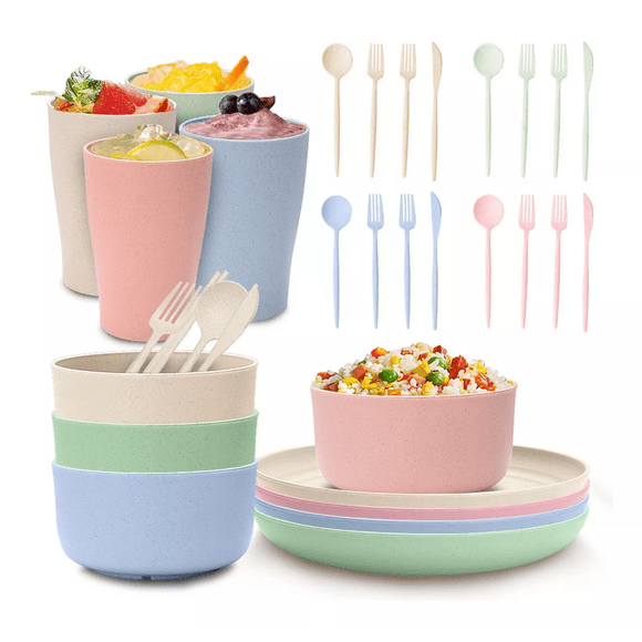 Juego De Vajilla Paja Trigo De 28 Pzas Para 4 Personas, colores pasteles