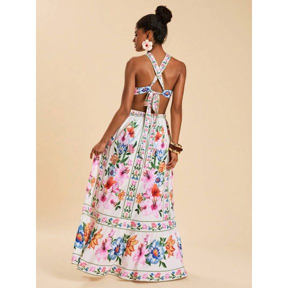Multicolor Floral Print Tie-Up Halter Maxi Dress For Women, Summer Ruffle Sleeveless Dress