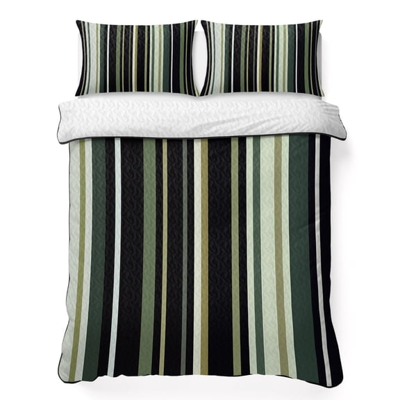 Black Green 3 Piece Quilt Bedding Set with 2 Pillow Shams, Stripe Lightweight Bedspread Coverlet, Soft Breathable All Season Quilt, 68 x 86 Inch