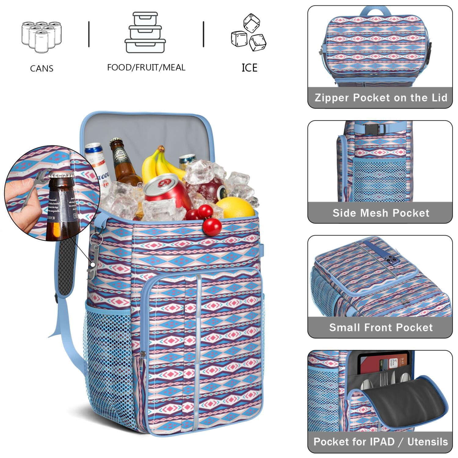 Travel Cooler Bag - Boho Bohemia Pioneer Flower Geometric Line Art Camping Beer Cooler Backpack with Bottle Opener- Waterproof Insulated Picnic Backpacks - Cooler Bag for Beach