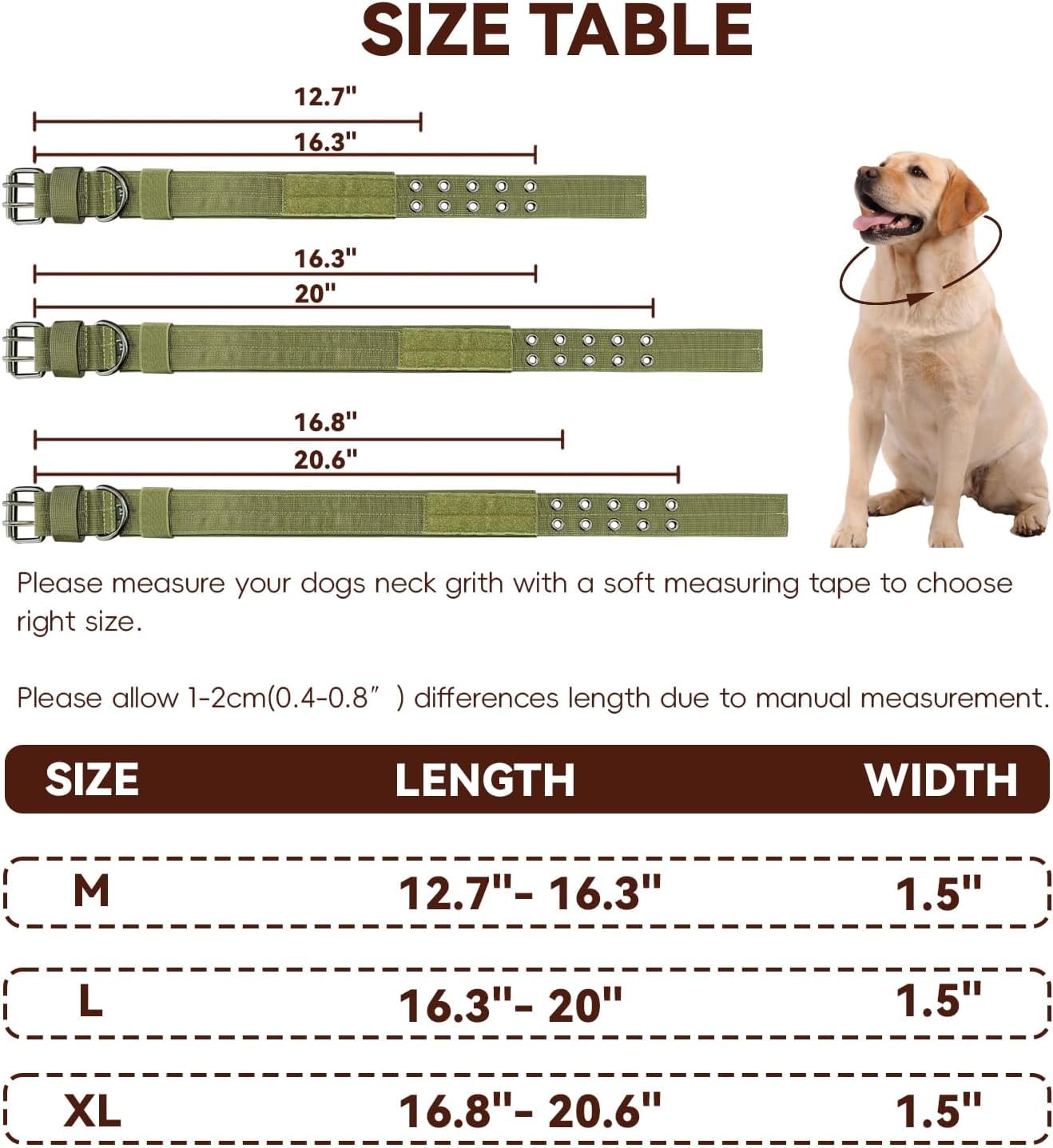 Heavy Duty Dog Collar for Large Dogs, Tactical Dog Collars with Metal Buckle & D Ring, 1.5" Width Thick Adjustable Nylon Collar for Medium Dogs, Army Green/XL