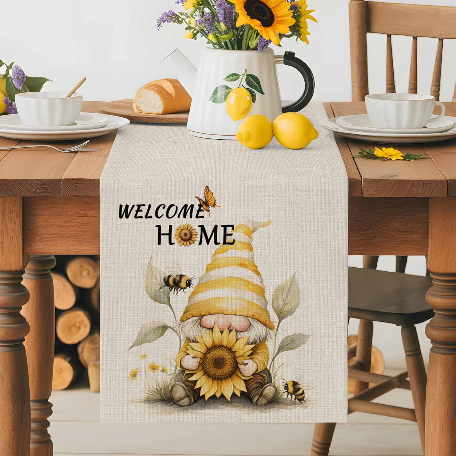 Welcome Home Gnome Table Runner 90 Inches Long, Vintage Sunflower Bee Butterfly Table Runners Tabletop Scarf Kitchen Dining Tables Decoration for Home Party Indoor Outdoor