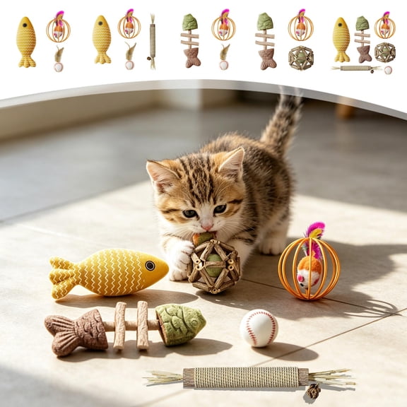 FEOLGEHLY Catnip Toy Set for Indoor Cats, Silvervine Cat Toy with Chew-Proof Fish Ball Mouse Feather, Cat Teething Toy for Boredom Relief, Cat Chew Toy for Independent Play (Brown B)