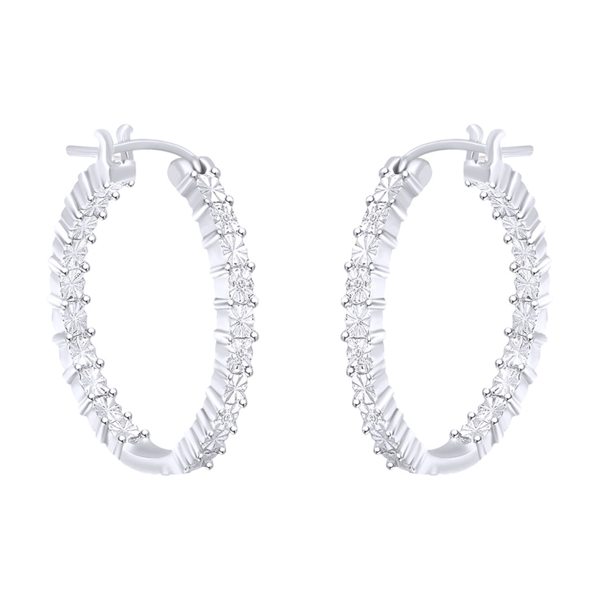 Inside Outside Hoop Huggies Earrings For Women Natural Diamond Accent in 14k White Gold Plated Sterling Silver (0.03 Cttw,I-J Color,I2-I3 Clarity)