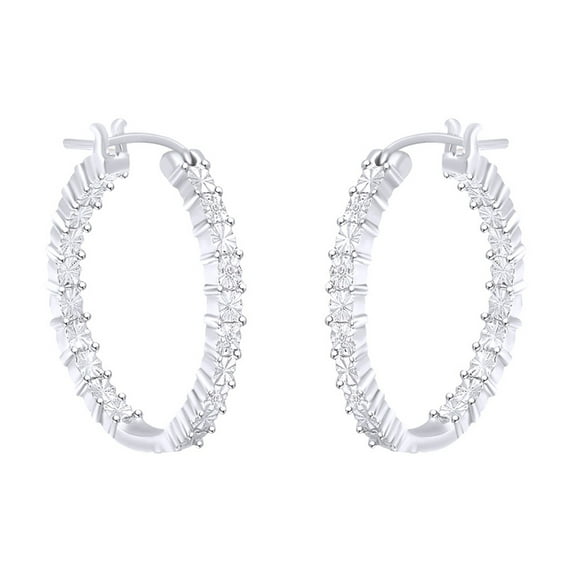 Inside Outside Hoop Huggies Earrings For Women Natural Diamond Accent in 14k White Gold Plated Sterling Silver (0.03 Cttw,I-J Color,I2-I3 Clarity)