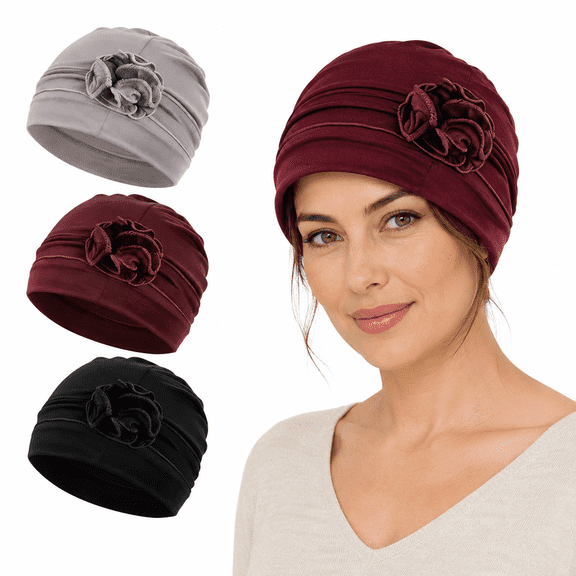 RYLZX Chemo Headwear Sleep Cap with Flower Design, Polyester Turban Beanie Cap for Women, 3 Colors, 3 Pcs