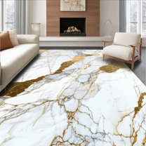 Flatwoven High Traffic Area Rug, Modern Marble & Gold, Non Slip, Stain Resistant, Washable Area Rugs for Living Room, Bedroom(White, 5X7)