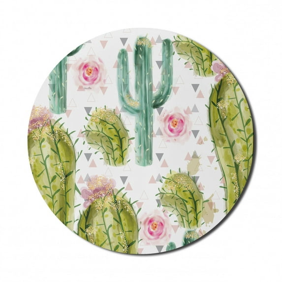 Hawaii Mouse Pad for Computers, Watercolor Look Pattern of Exotic Cacti and Roses with Little Triangles, Round Non-Slip Thick Rubber Modern Gaming Mousepad, 8" Round, Multicolor, by Ambesonne