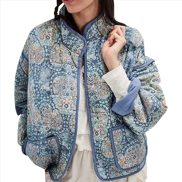 Chaqueta Acolchada Corta con Estampado Floral Vintage para Mujer, Chaqueta Corta Abierta Al Frente, Ropa de Abrigo Azul M