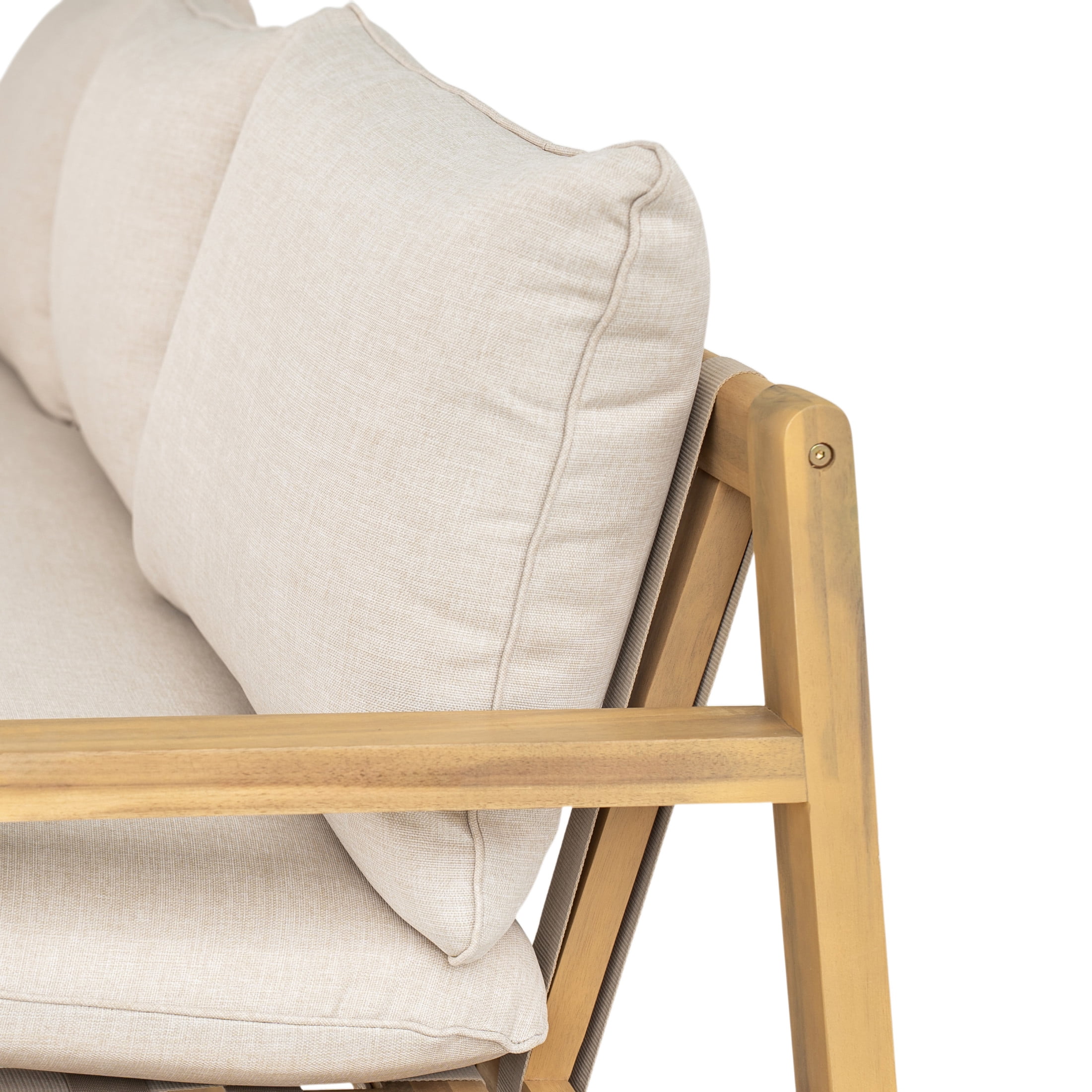 Christopher Knight Home 3-Seat Patio Outdoor Sofa with Cushions, Woven Strap Back, Acacia Wood Frame, Light Teak+Beige