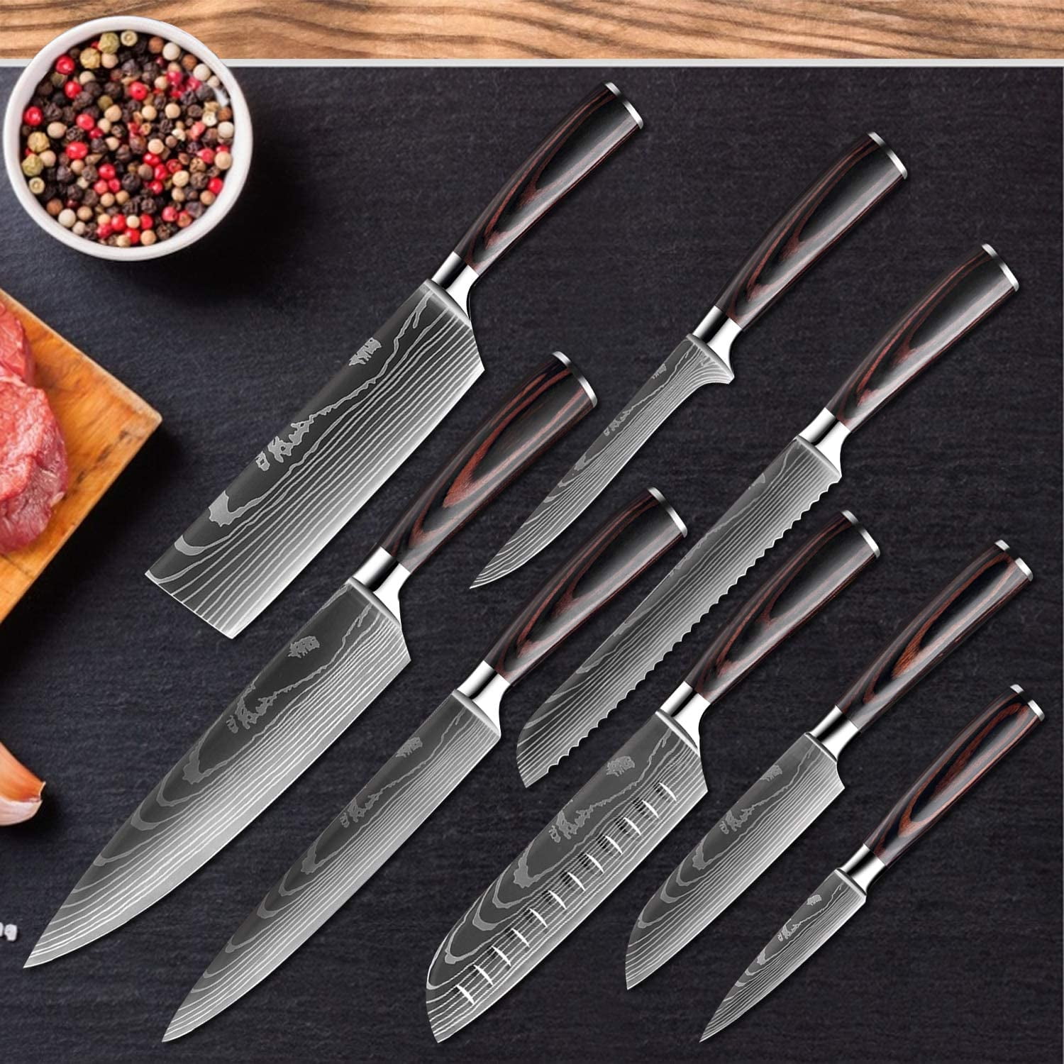 Complete 8-piece Kitchen Knife Set With Damascus Pattern Japanese