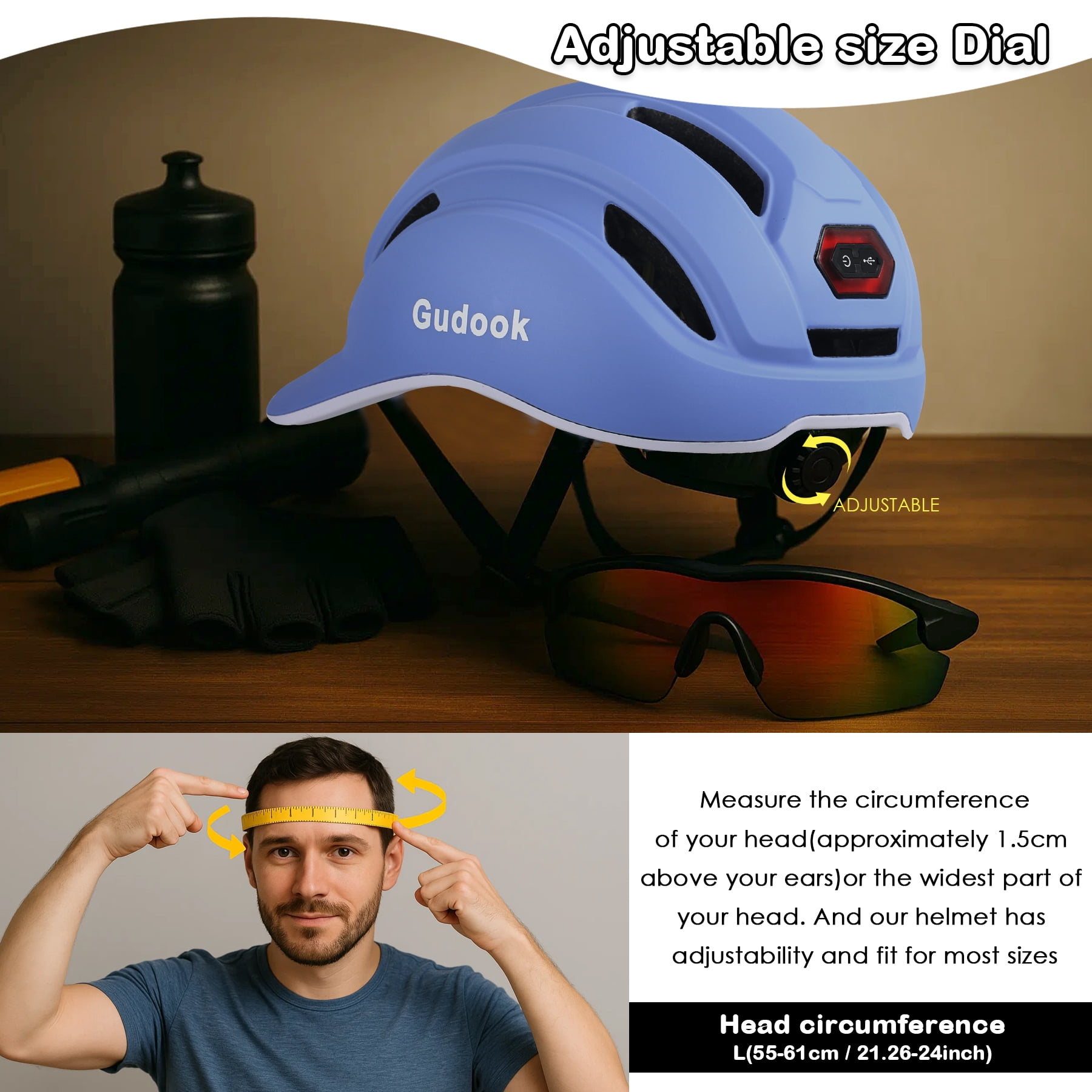 Gudook Adult Bike Helmet for Men - Women Bicycle Helmet with LED Rear Light - Certified Comfort Adjustable Baseball Cap Style Cycling Helmets for Urban Commuter Road Biking Scooter