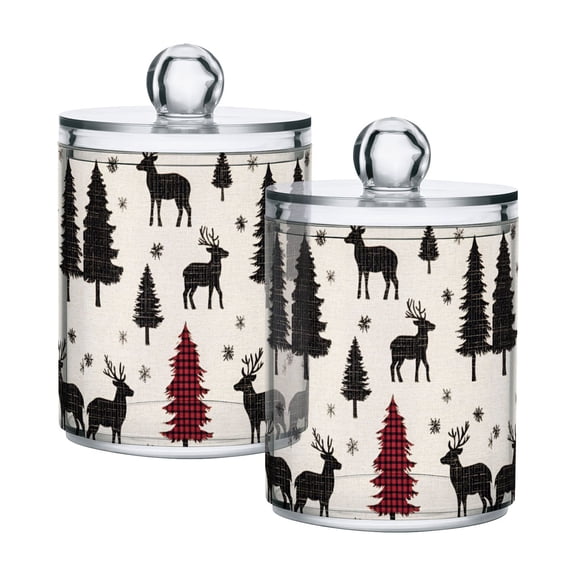 Yayeee 2 Pack Qtip Holder Bathroom Cotton Swab Canister with Lid Clear Dispenser Set, Christmas Plaid Forest