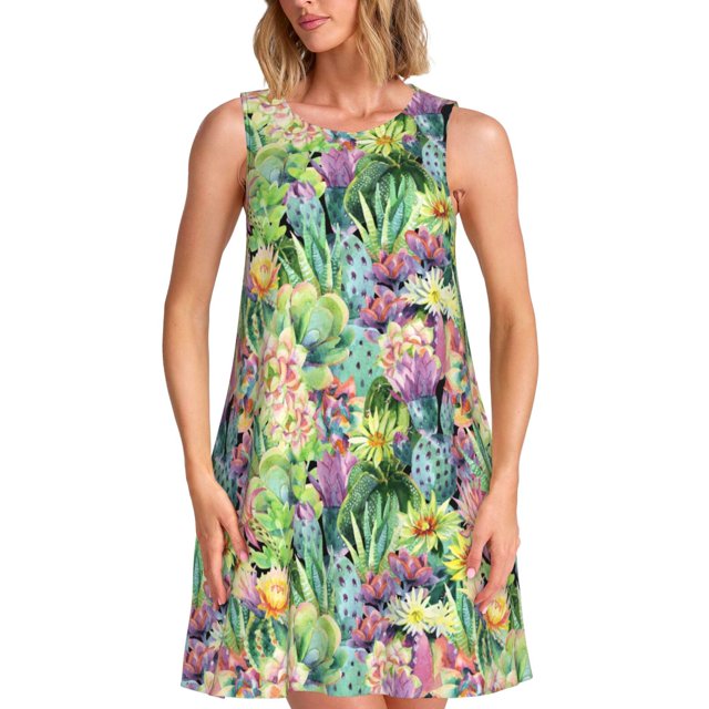 Disketp Watercolor Blooming Cactus para Vestido sin Mangas para Mujeres, Vestidos de Verano para Mujeres, Casual y Holgado para la Playa