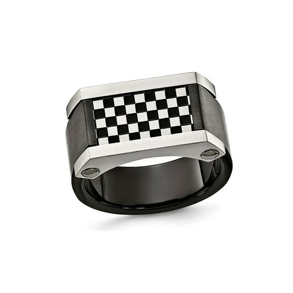Mens Brushed and Polished Black Stainless Steel Checker Board Signet Ring for Men