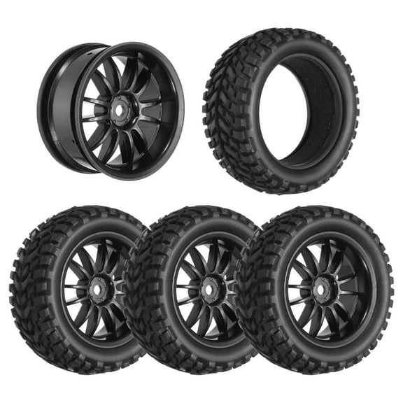 4-Pair High-Grip RC Car Tire & Wheel Set for 1/10 On-Road Touring Cars - Soft Rubber Tyres with 12mm Hubs, Black, Type E