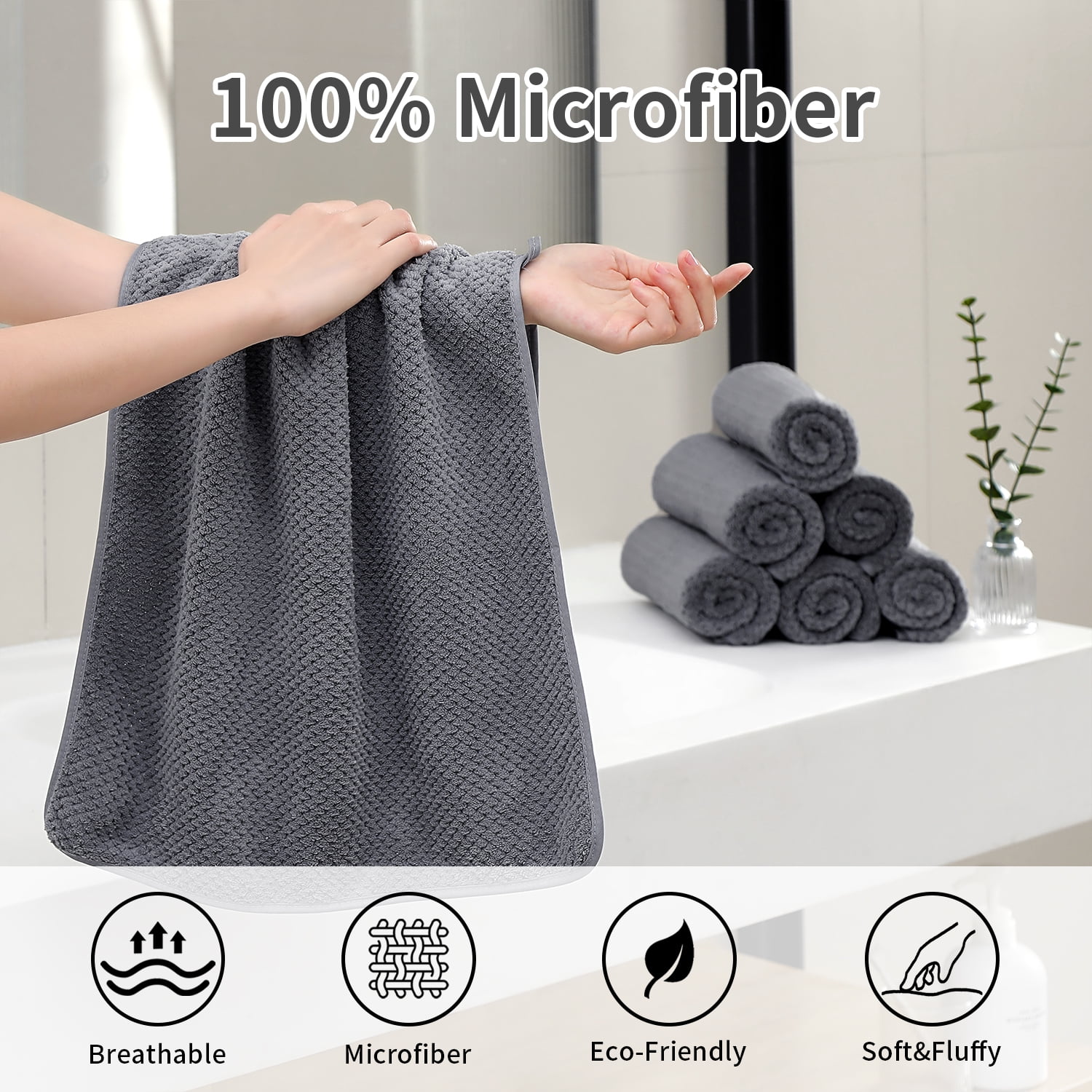 Smuge 12 Pack Hand Towels Set, 16 x 31 in Ultra Soft Microfiber Quick Dry Hand Shower Towels for Bathroom-Dark Gray