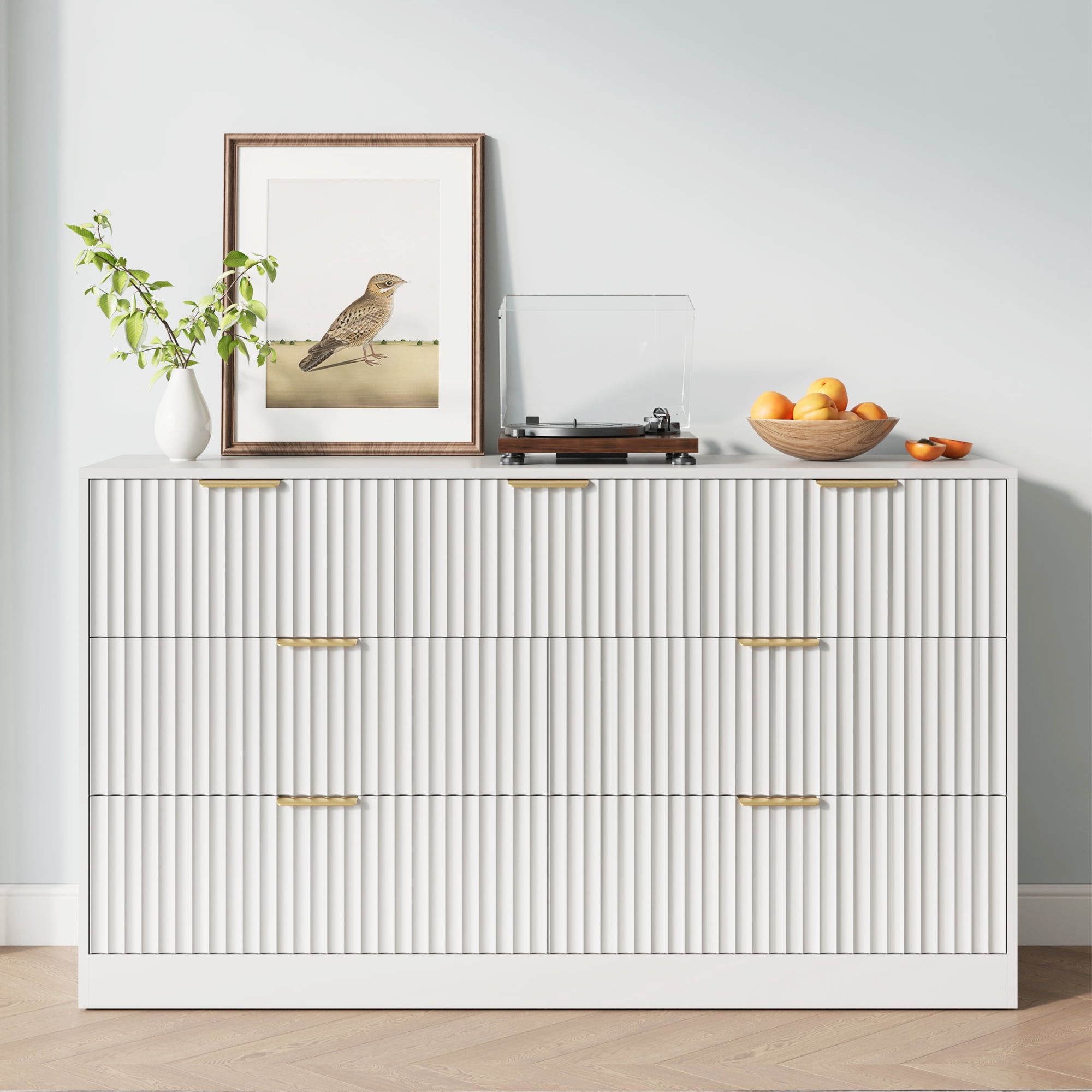 YouTrend 55.1"W Fluted Dressers for Bedroom with 7 Drawers,Modern Chest of Drawer TV Stand for Adults,Wood Clothes Storage for Living Room,White