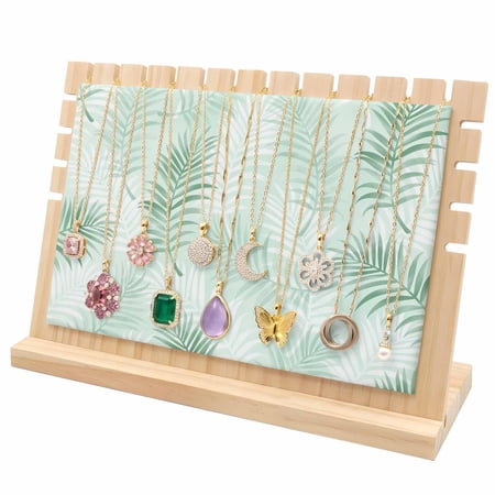 Necklace Display Stand Mint Green Tropical Palm Leaves Wood Jewelry Displays Stands with PU Panel Rack Organizer Summer Jungle Foliage Wooden Necklace Display Holder for Vendors Shop Show Storage