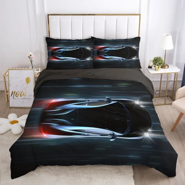 Cars Vehicles Bedding 3 Piece Boys Bedroom Decor Quilt Cover Pillowcase Cars Racing Print Bed Linen Set King Queen for Adults