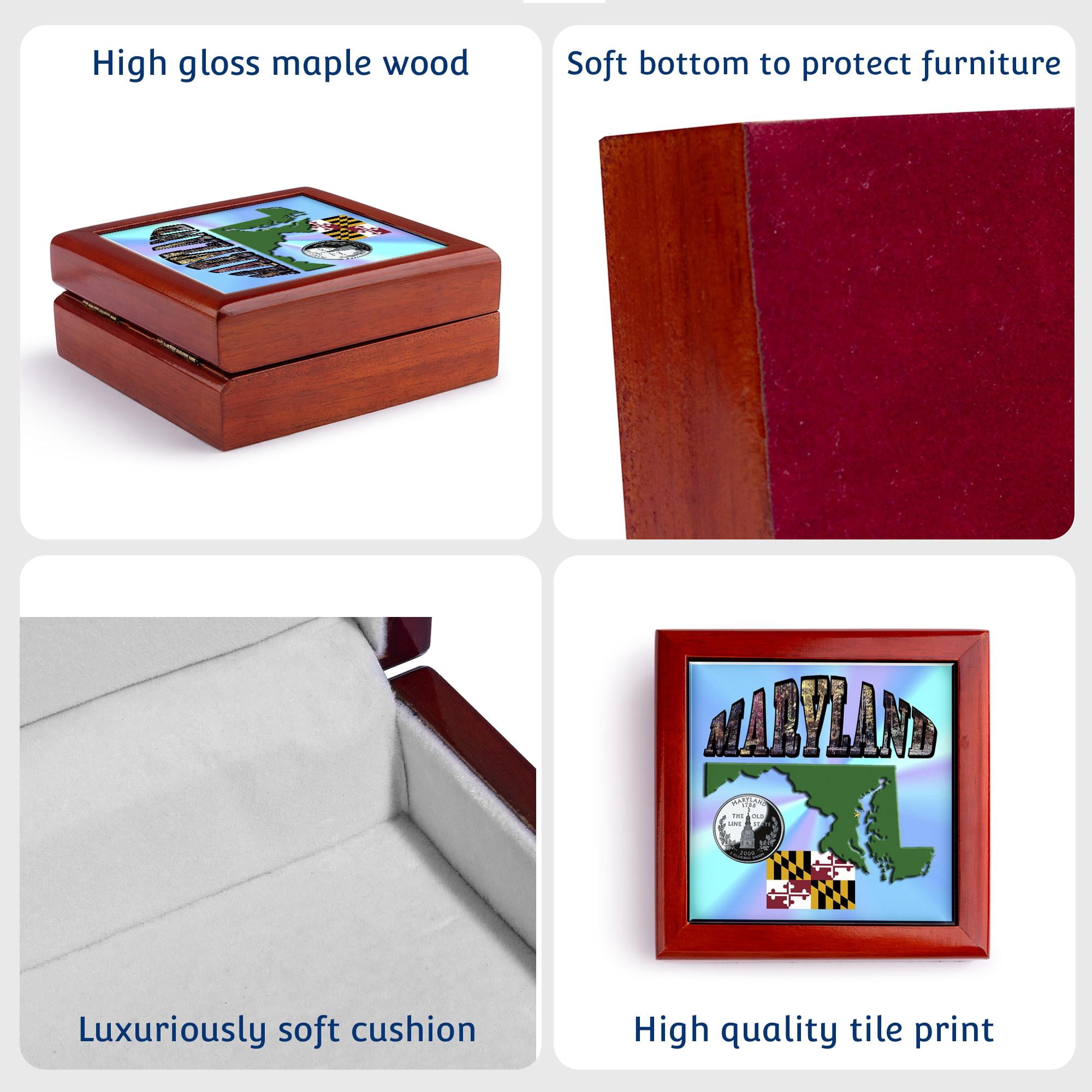 3dRose, State Map, Flag, Quarter and Picture Text of Maryland, Jewelry Box 5.5x5.5 inch with 4 inch tile