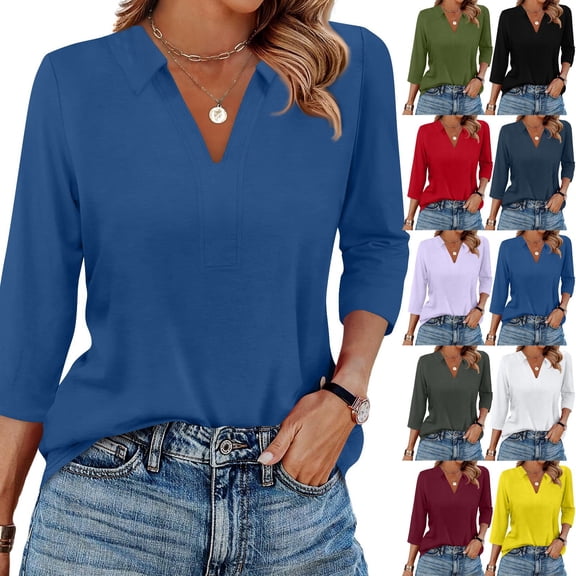 Women's 3/4 Length Sleeve V-Neck Collared Tops Summer Business Casual Work Polo Shirts White L