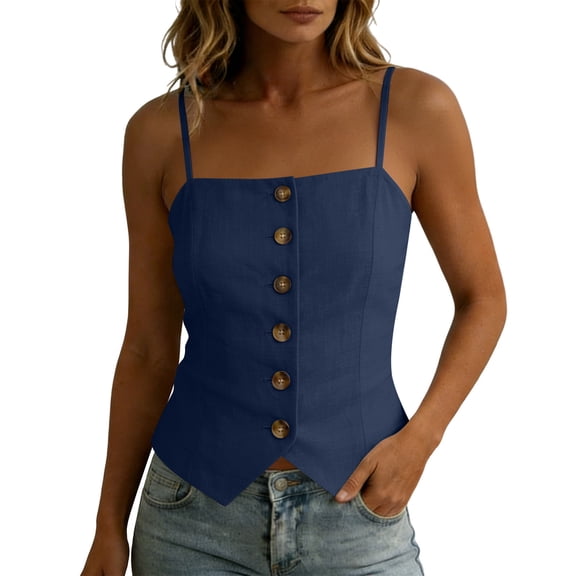 BUIGTTKLOP Womens Cotton Linen Cami Suit Vest Dressy Casual Button down Waistcoat Fitted Split Hem Summer Sleeveless Blazer Tops