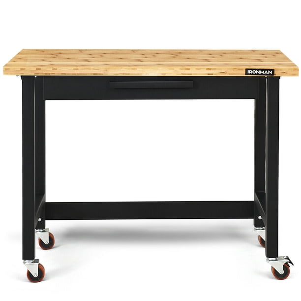 Gymax 48 Inch Mobile Garage Workbench Bamboo Top with Casters and