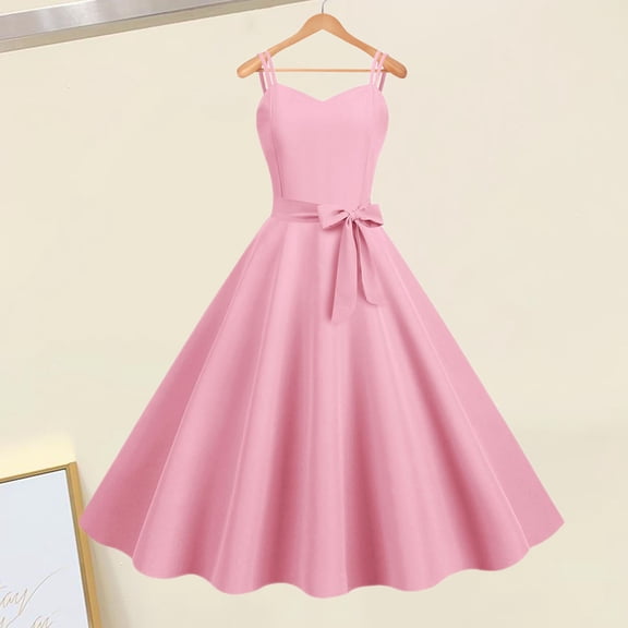 Joernso Vintage Women Dress A-line Big Swing Solid Color Backless Spaghetti Strap 50s Bow Decor Prom Cocktail Party Wedding Midi Dress Evening Dress