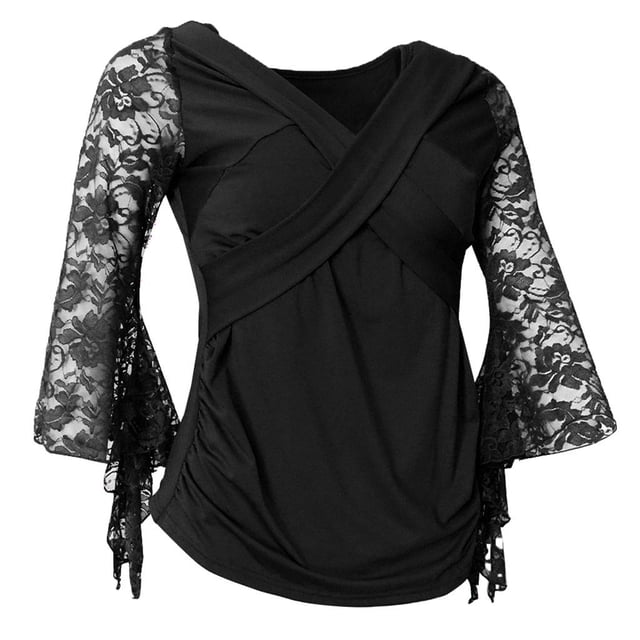 Camisa de baile cuadrado Blusa de baile latino de salón Tops con mangas de encaje Negro
