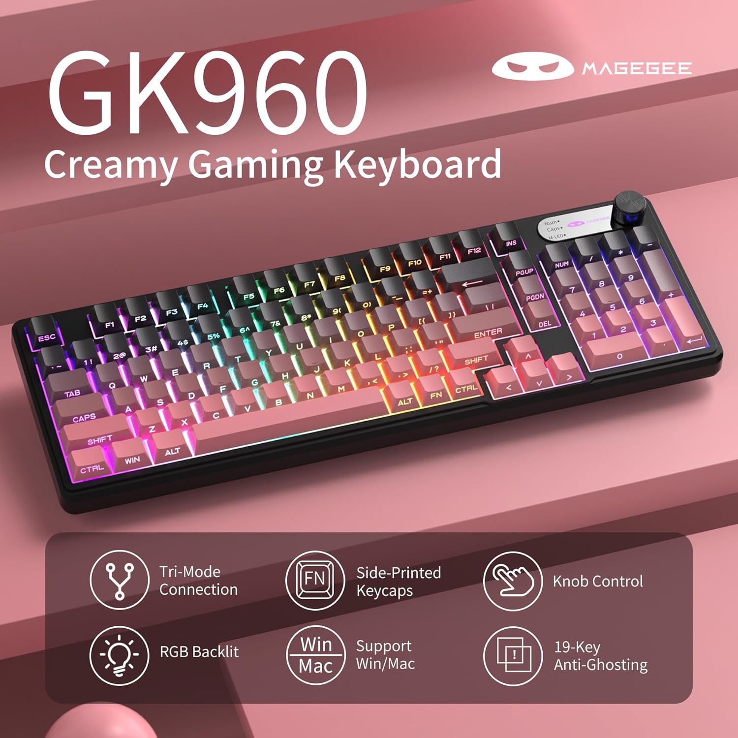 MageGee GK960 Wireless Creamy Keyboard, RGB Tri-Mode Wired/BT/2.4G Gaming Keyboard with Number Pad, 4000mAh Battery, Knob Control, Side Printed Keycaps, 19-Key Anti-Ghosting for Win/Mac