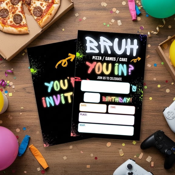 Boy Invitation Supplies Games Birthday Party with Envelopes Set of 20 Bruh Birthday Invitation Fill in Blank, Double Sided