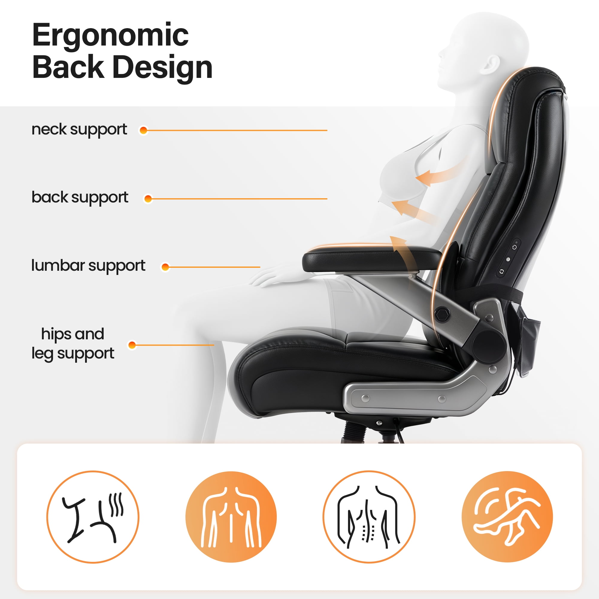 EOP 23.62'' Extra Wide Office Chair, 600 Lbs Big and Tall Executive Office Chair with Heat and Kneading Massage, Ergonomic Computer Chair with 3D Flip-up Arms, Black