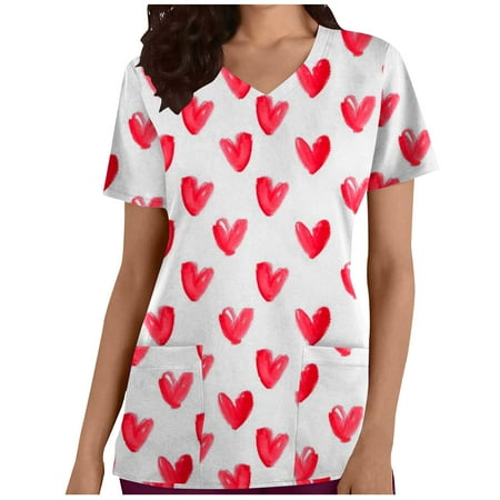 

CYMMPU Women s V-Neck Pocketed Scrub_Tops Nurse Workwear Uniform Clearance Tops Summer Tees Short Sleeve Shirts Trendy Valentine s Day Tunic Love Heart Printing Fashion Tshirts Watermelon Red S